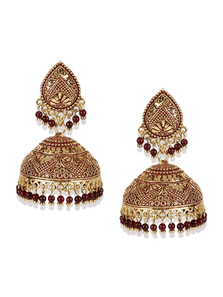 Women's Gold Plated & Maroon Dome Shaped Enamelled Jhumkas