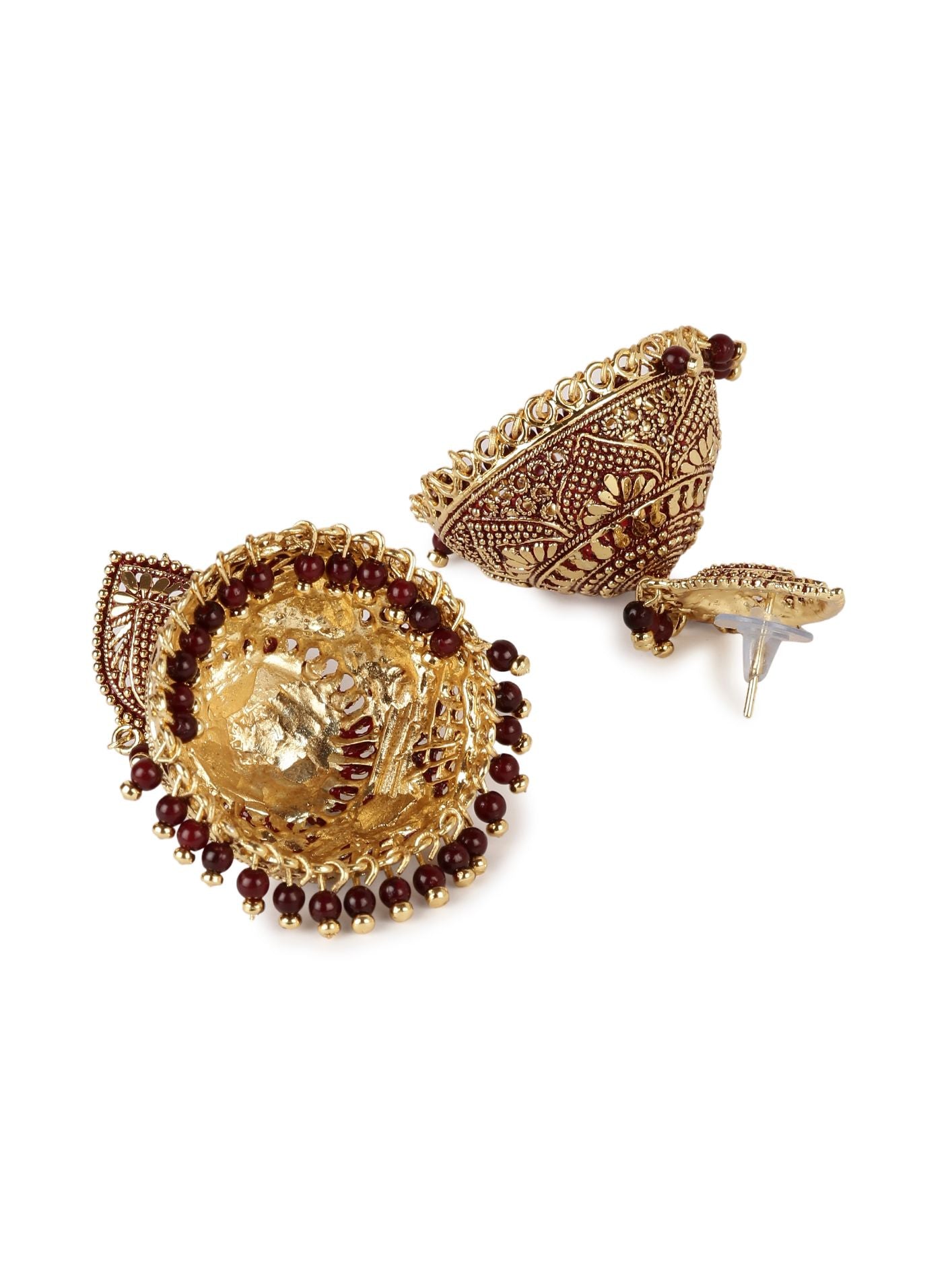 Women's Gold Plated & Maroon Dome Shaped Enamelled Jhumkas