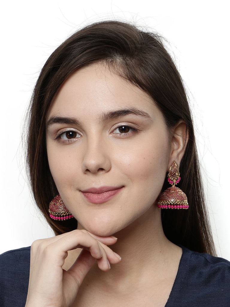 Women's Gold Plated & Pink Enamelled Dome Shaped Jhumkas
