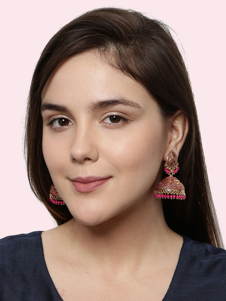 Women's Gold Plated & Pink Enamelled Dome Shaped Jhumkas