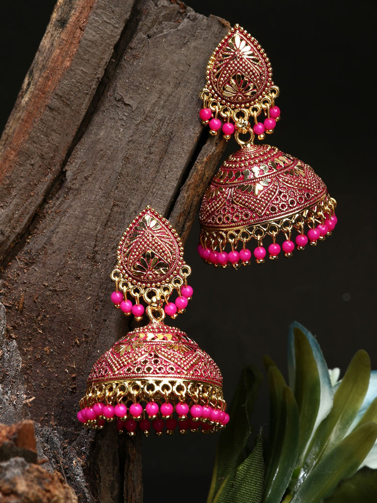 Women's Gold Plated & Pink Enamelled Dome Shaped Jhumkas
