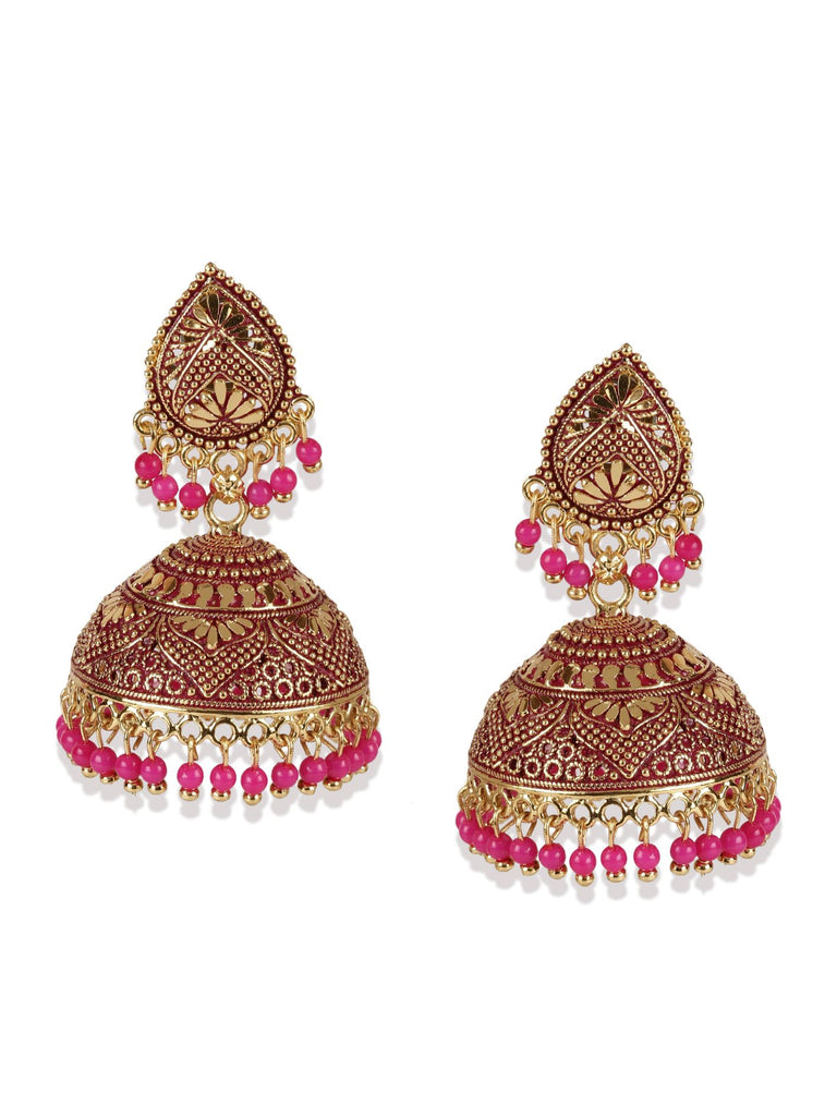 Women's Gold Plated & Pink Enamelled Dome Shaped Jhumkas