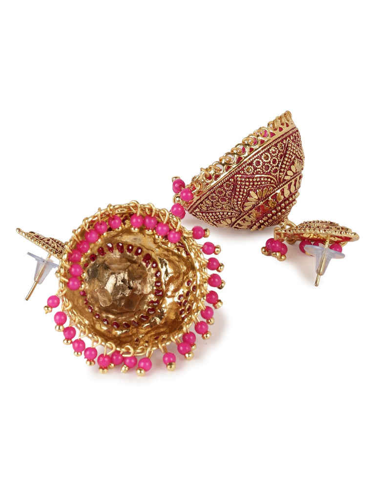 Women's Gold Plated & Pink Enamelled Dome Shaped Jhumkas