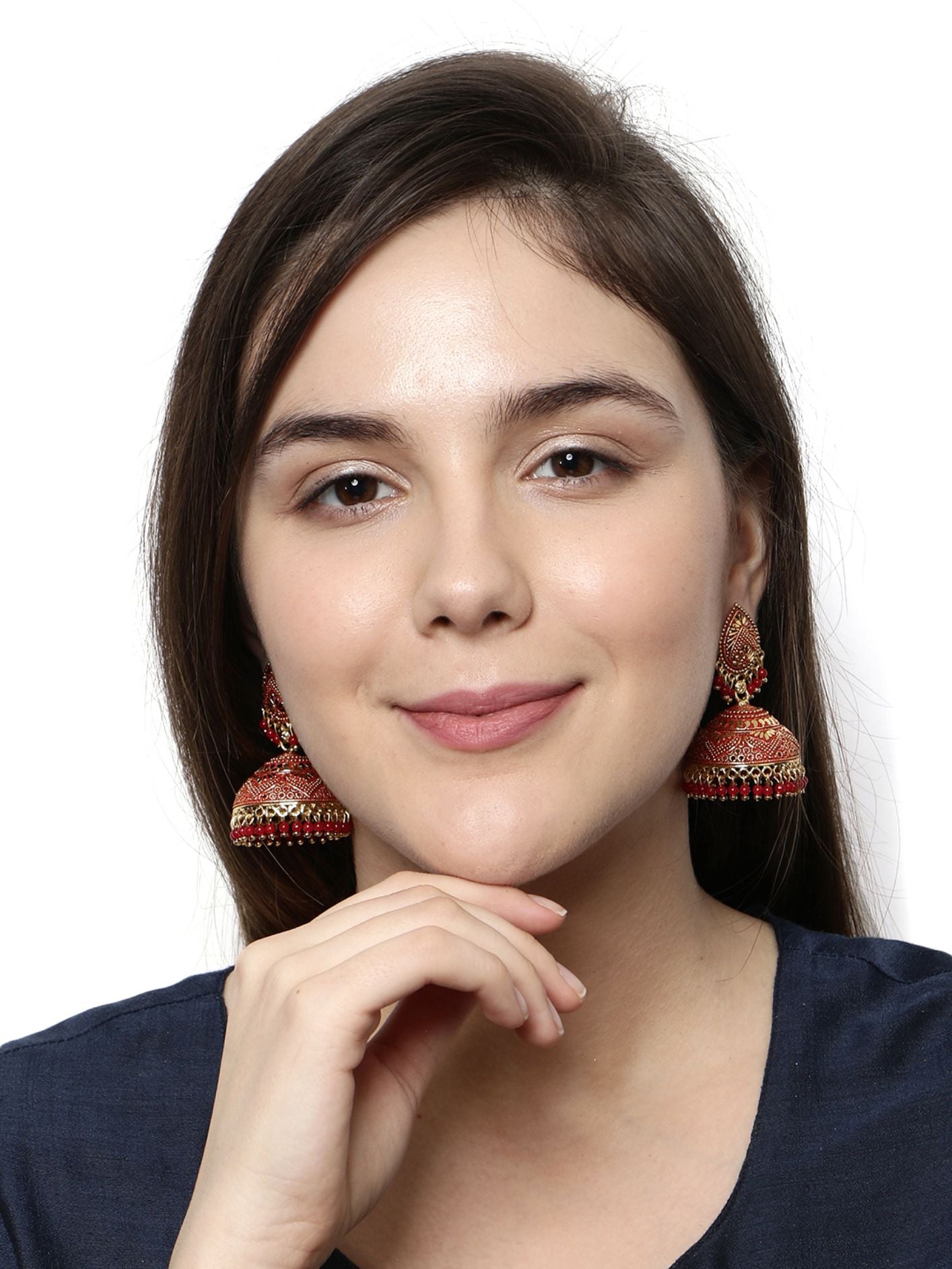 Women's Gold Plated & Red Dome Shaped Enamelled Jhumkas