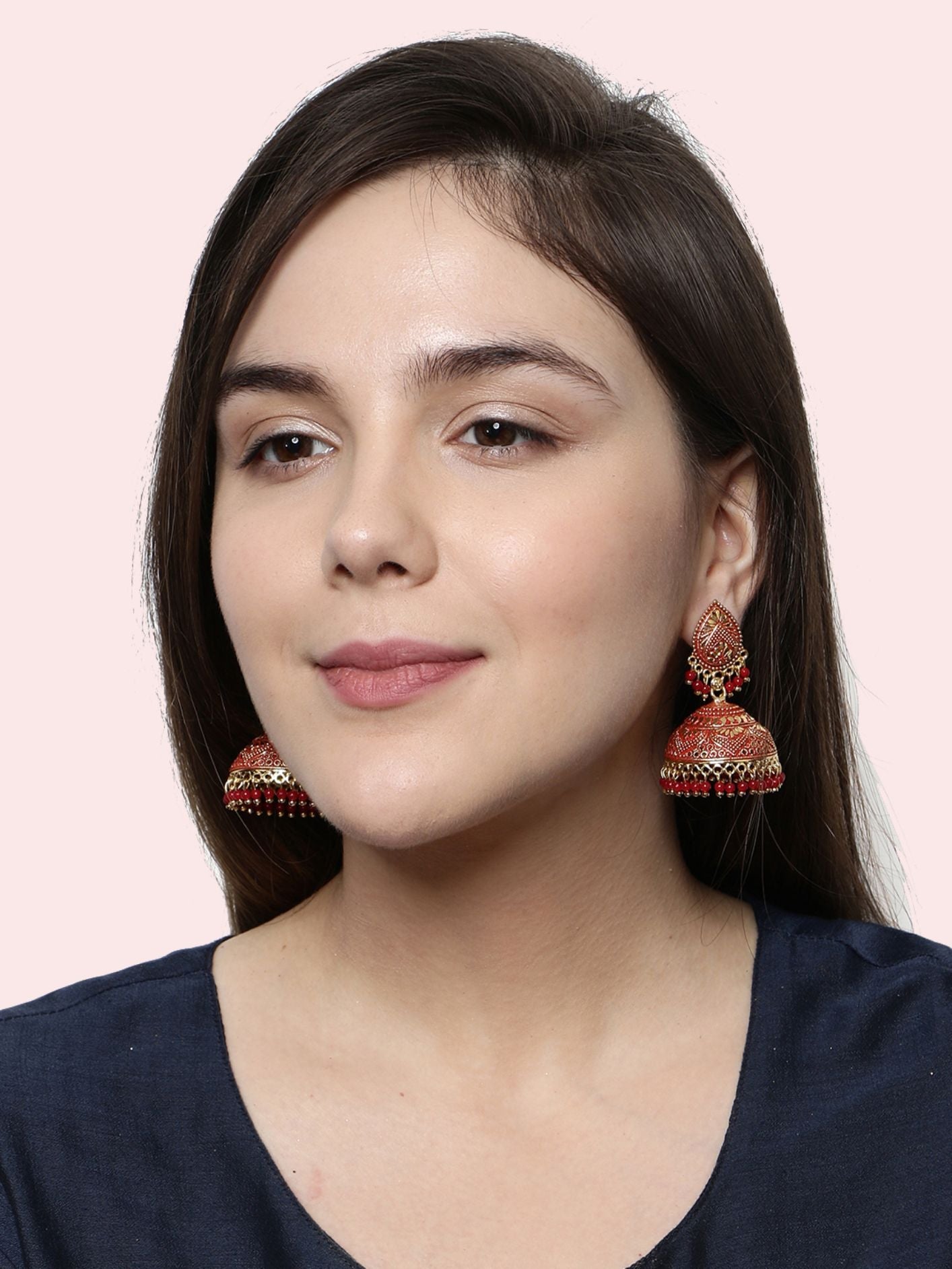 Women's Gold Plated & Red Dome Shaped Enamelled Jhumkas