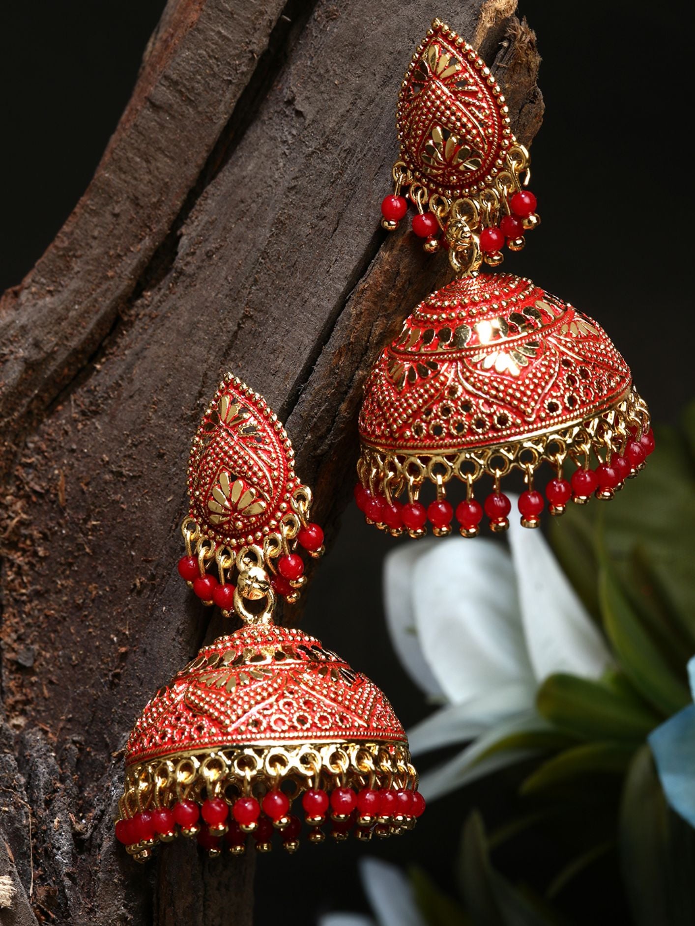 Women's Gold Plated & Red Dome Shaped Enamelled Jhumkas - Anikas Creation