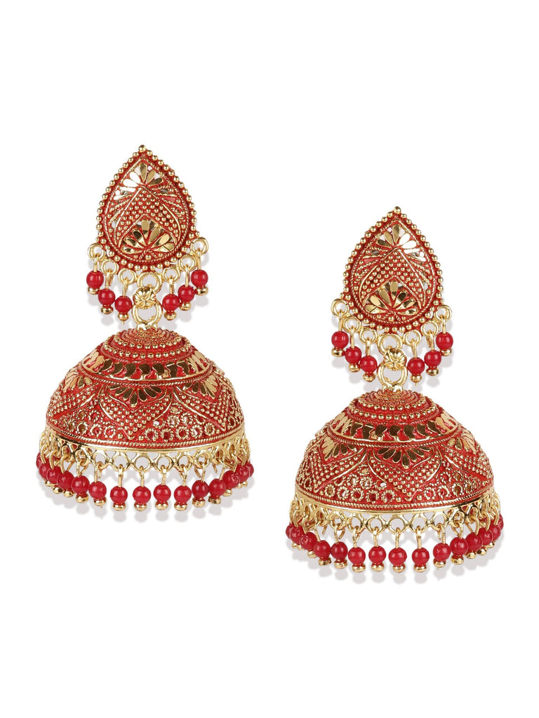 Women's Gold Plated & Red Dome Shaped Enamelled Jhumkas