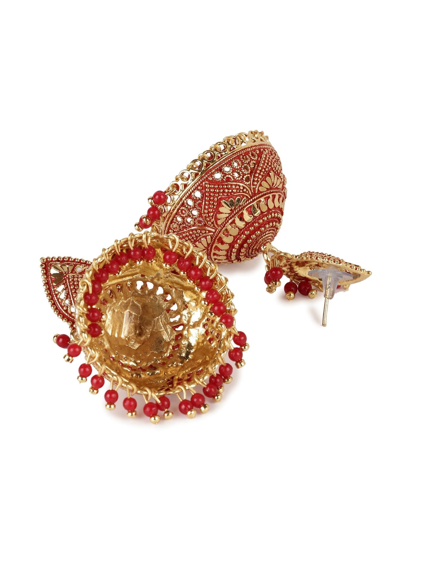 Women's Gold Plated & Red Dome Shaped Enamelled Jhumkas