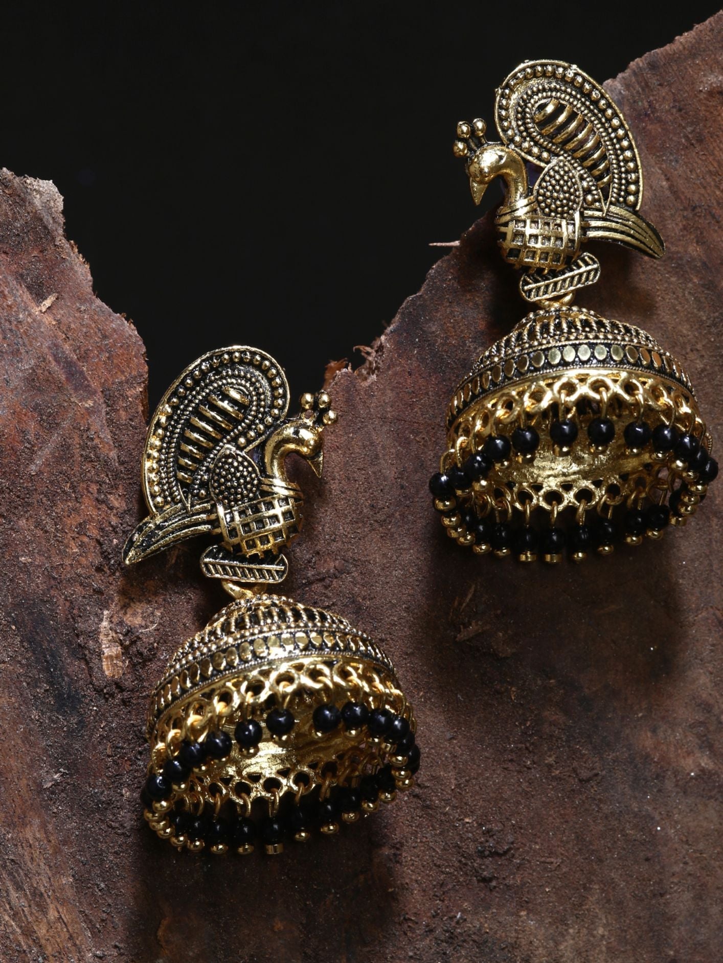 Women's Gold Plated & Black Enamelled Dome Shaped Jhumkas