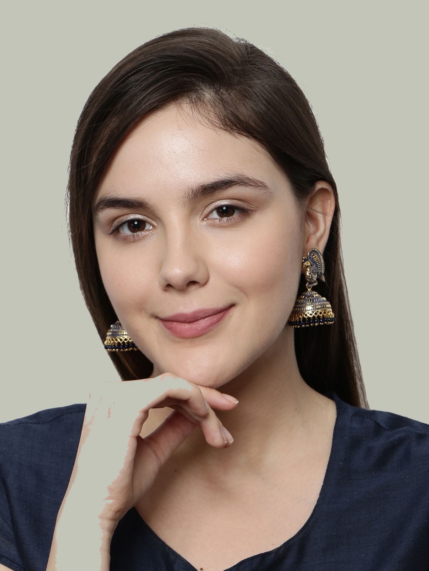Women's Gold Plated & Blue Enamelled Peacock Shaped Jhumkas