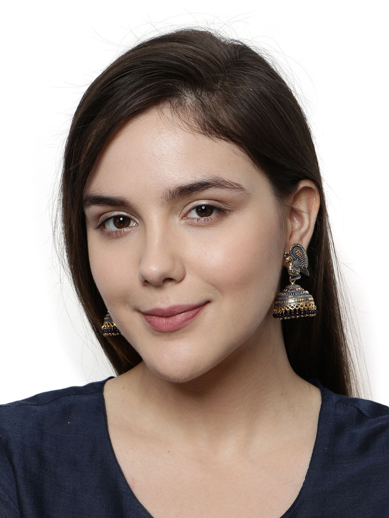 Women's Gold Plated & Blue Enamelled Peacock Shaped Jhumkas