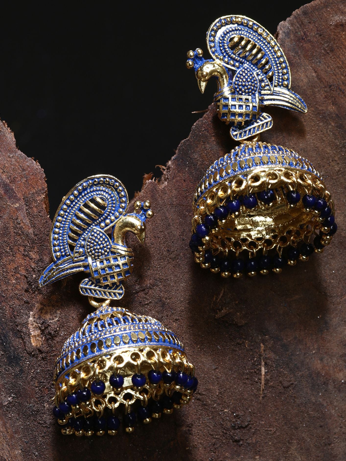 Women's Gold Plated & Blue Enamelled Peacock Shaped Jhumkas - Anikas Creation