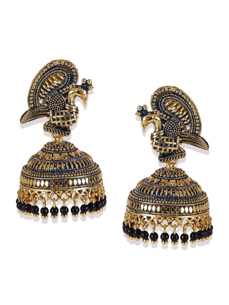 Women's Gold Plated & Blue Enamelled Peacock Shaped Jhumkas