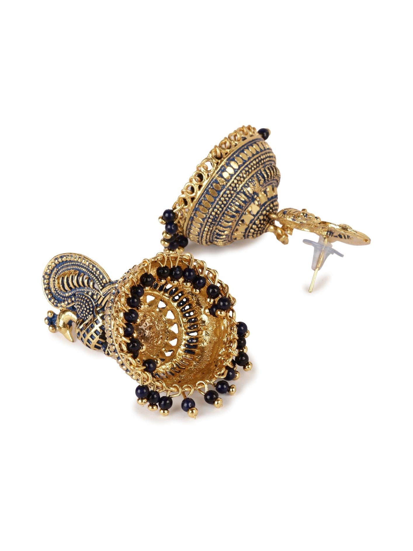 Women's Gold Plated & Blue Enamelled Peacock Shaped Jhumkas
