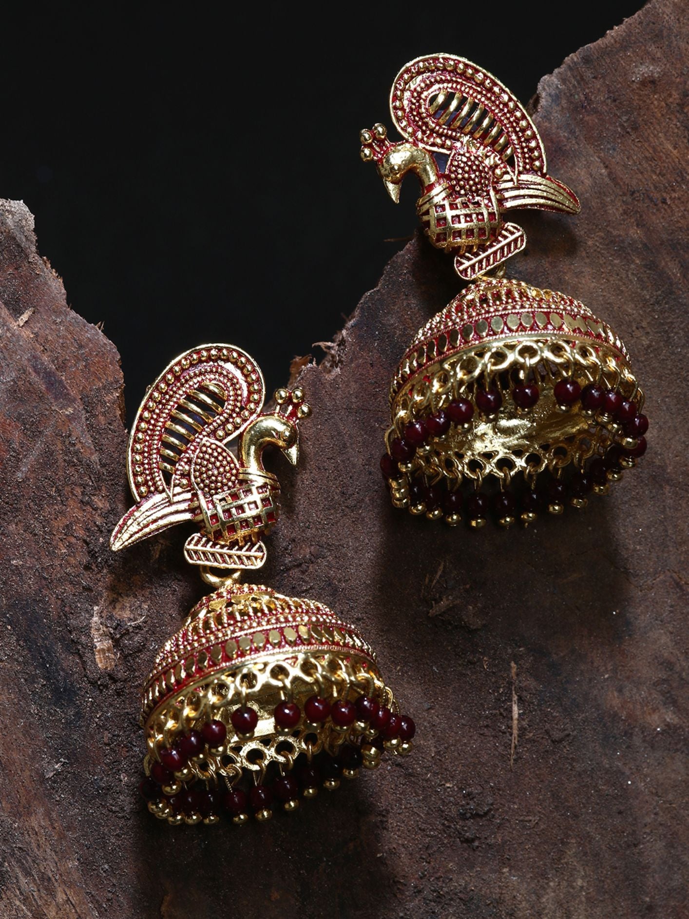 Women's Gold Plated & Maroon Enamelled Peacock Shaped Jhumkas - Anikas Creation