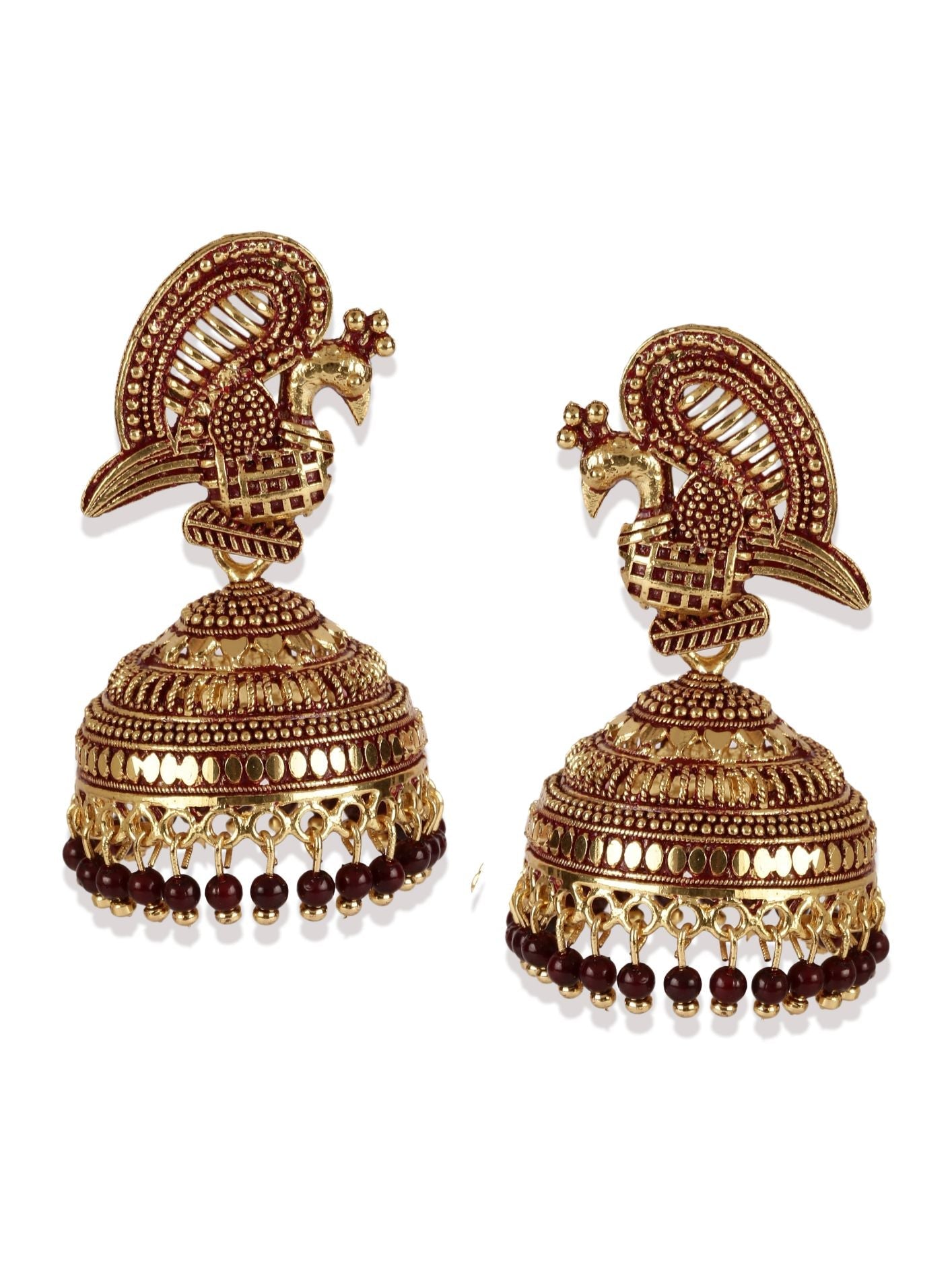 Women's Gold Plated & Maroon Enamelled Peacock Shaped Jhumkas