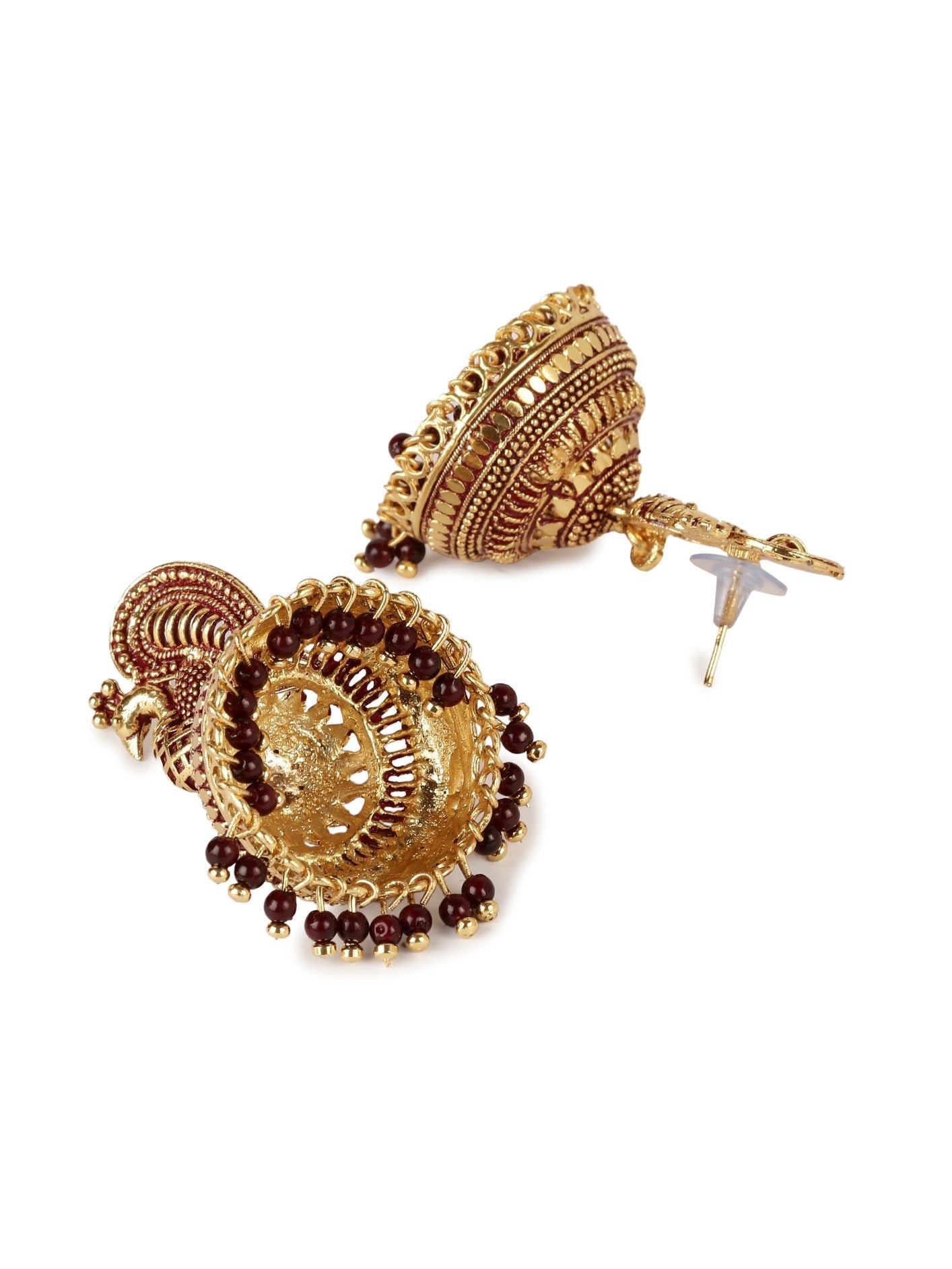 Women's Gold Plated & Maroon Enamelled Peacock Shaped Jhumkas