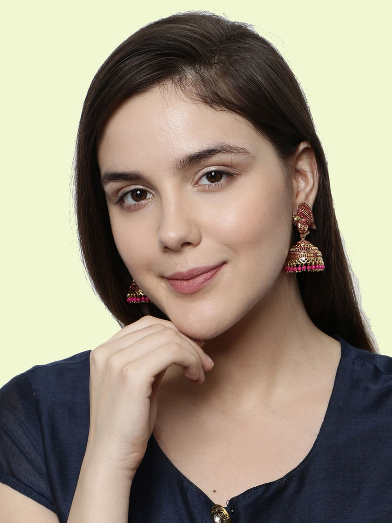 Women's Gold Plated & Pink Enamelled Peacock Shaped Jhumkas