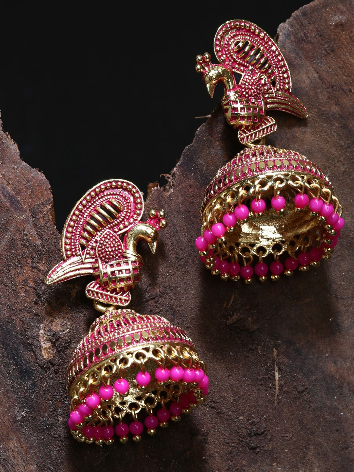 Women's Gold Plated & Pink Enamelled Peacock Shaped Jhumkas - Anikas Creation