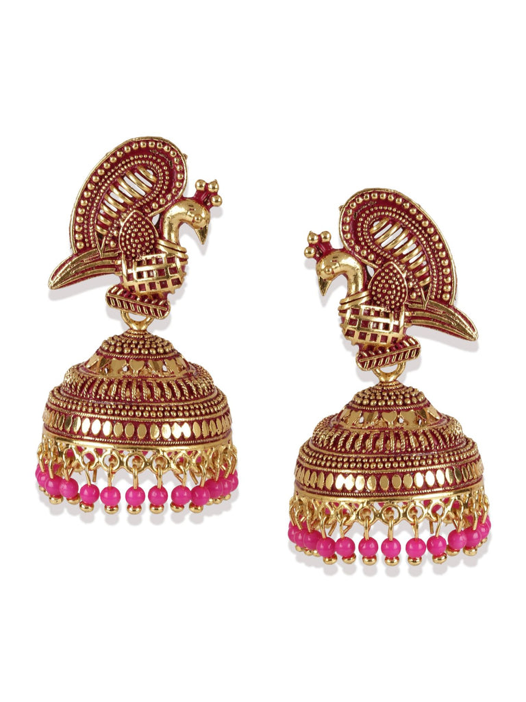 Women's Gold Plated & Pink Enamelled Peacock Shaped Jhumkas