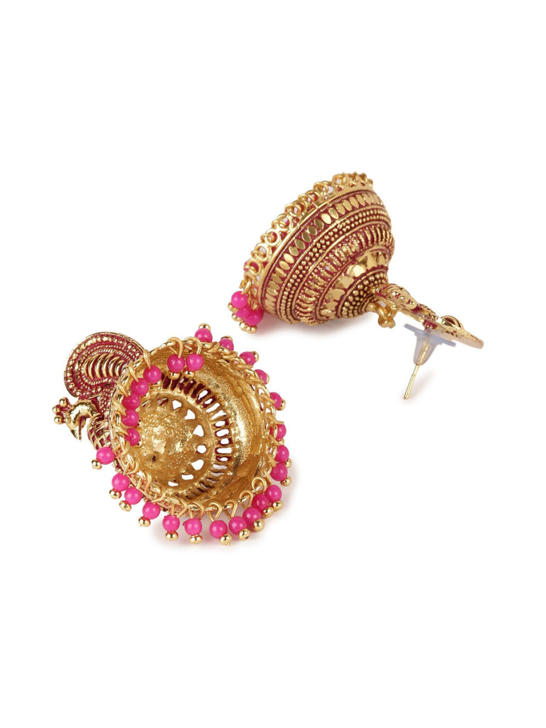 Women's Gold Plated & Pink Enamelled Peacock Shaped Jhumkas