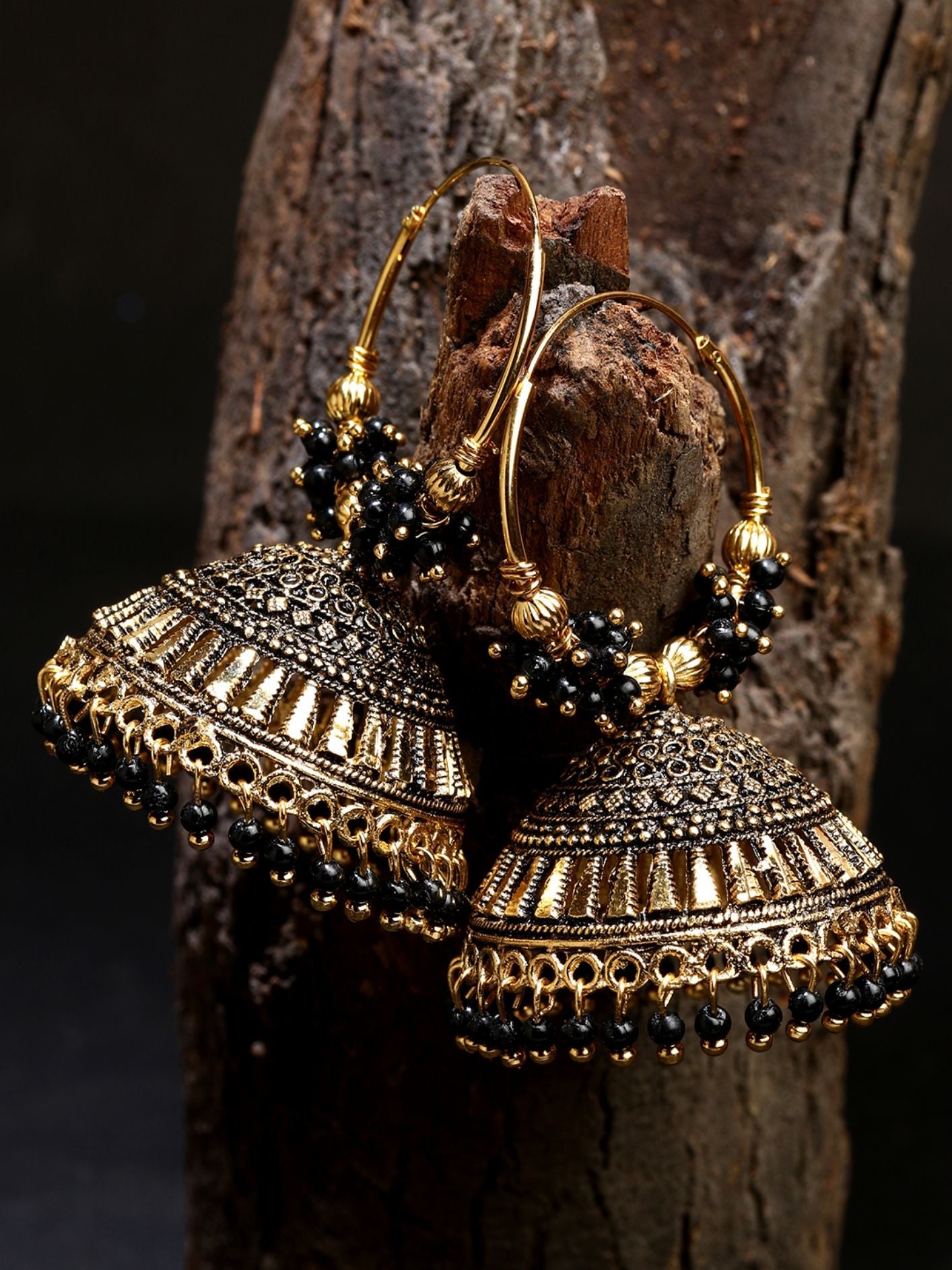 Women's Black & Gold-Plated Enamelled Dome Shaped Jhumkas