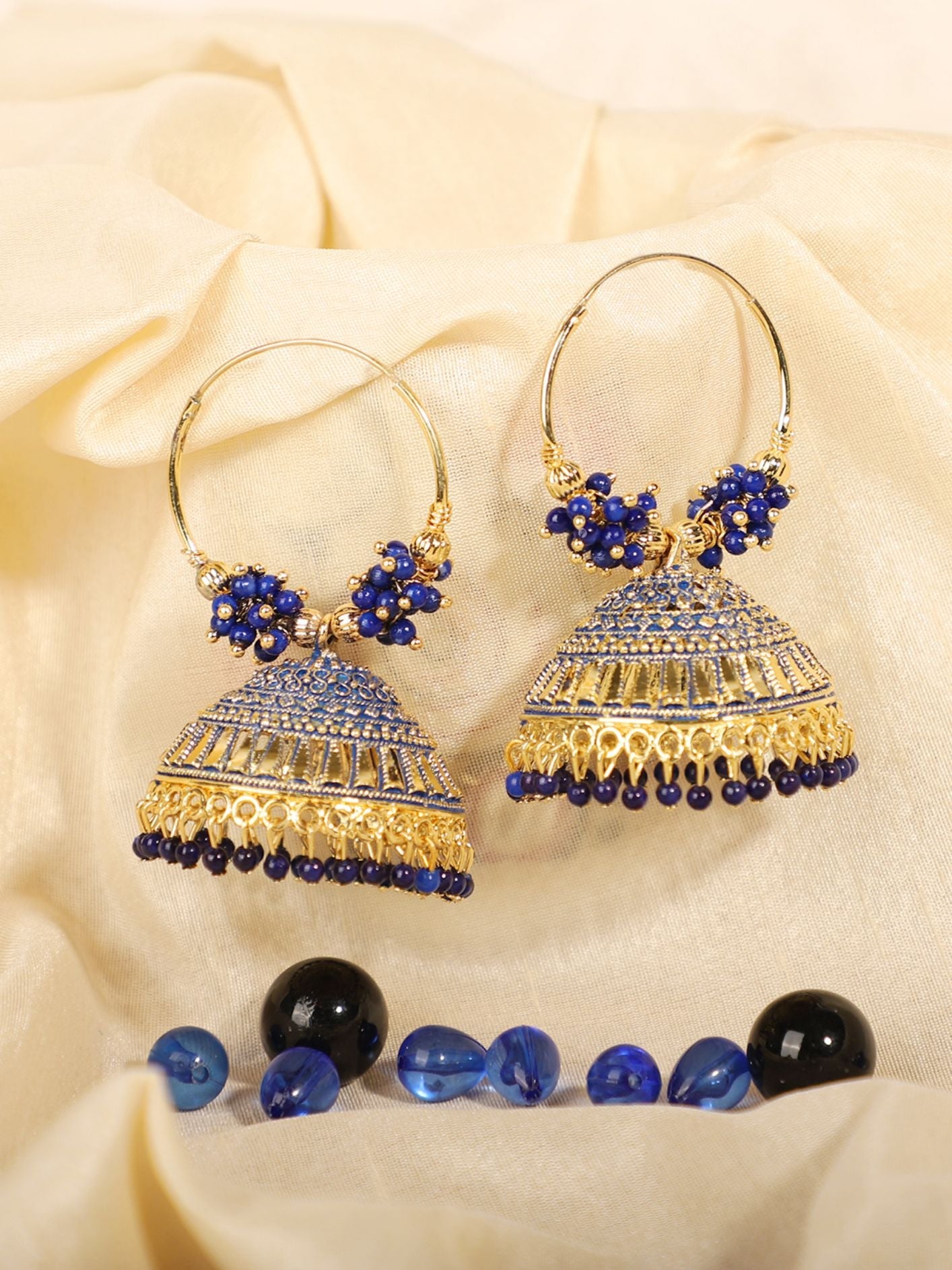 Women's Traditonal Gold Plated Enamelled Blue Dome Shape Jhumki With Bali
