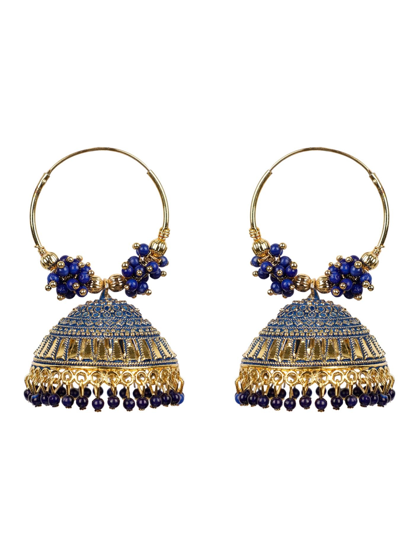 Women's Traditonal Gold Plated Enamelled Blue Dome Shape Jhumki With Bali - Anikas Creation