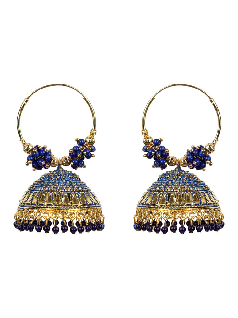 Women's Traditonal Gold Plated Enamelled Blue Dome Shape Jhumki With Bali