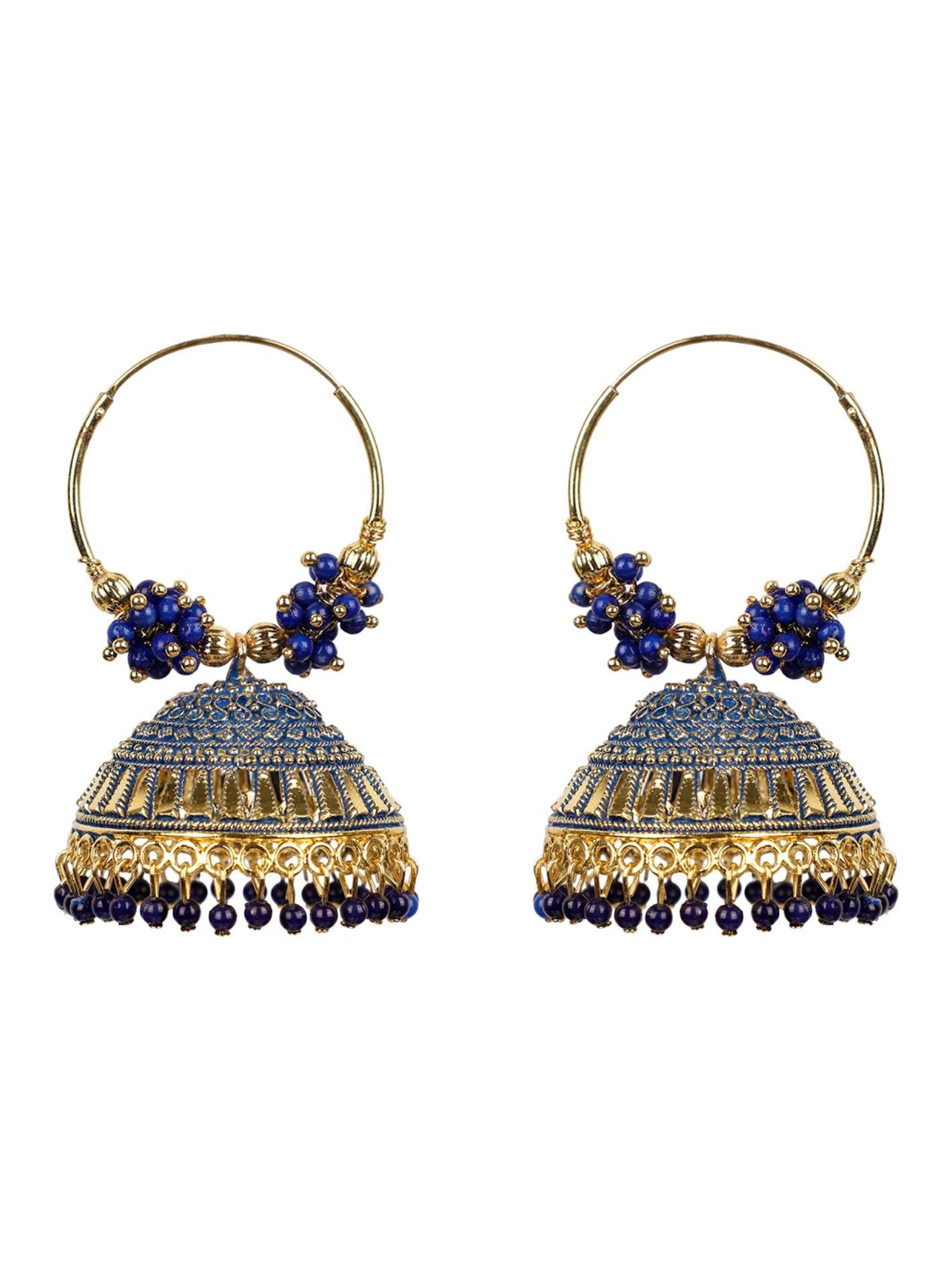 Women's Traditonal Gold Plated Enamelled Blue Dome Shape Jhumki With Bali