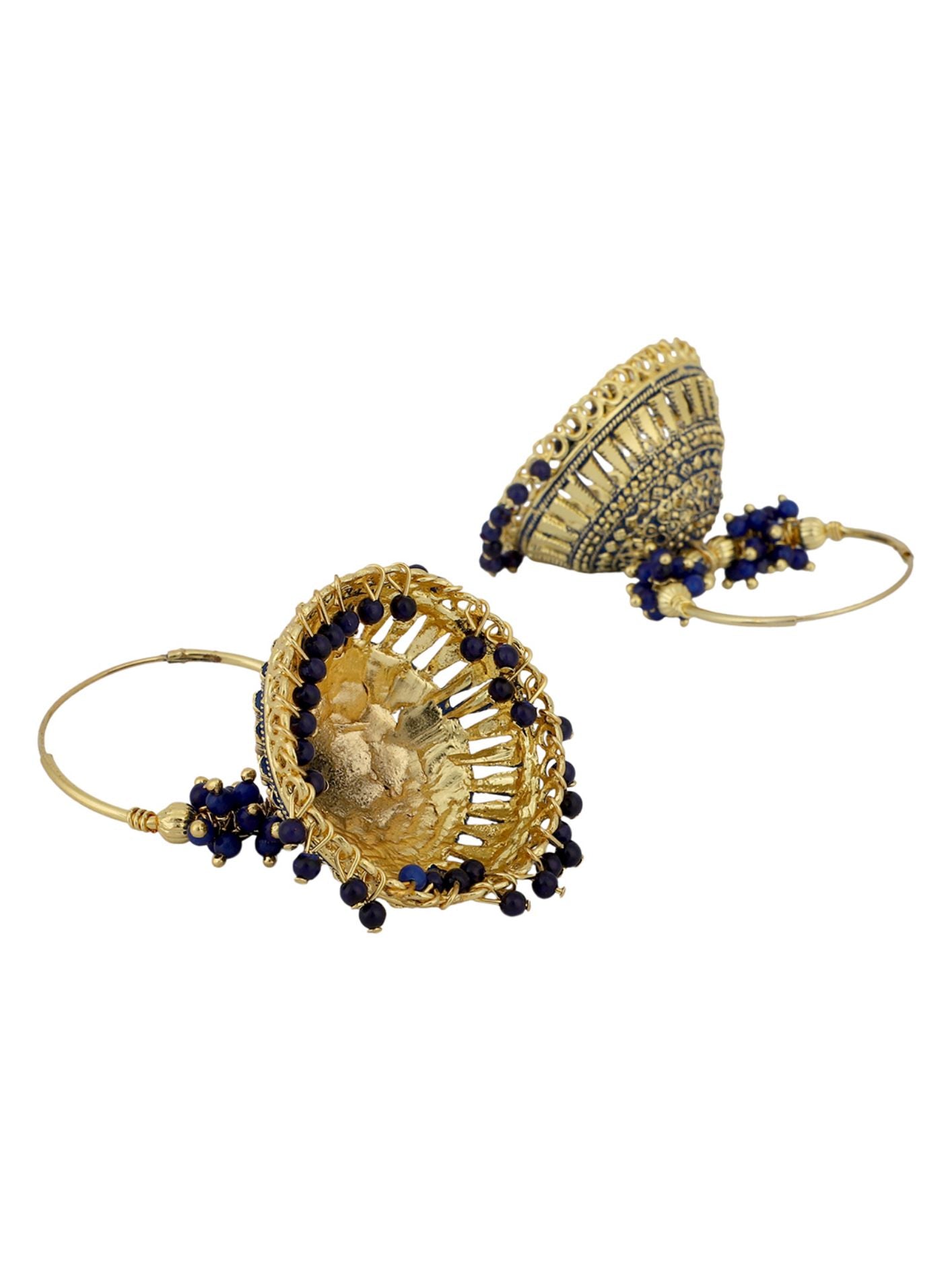 Women's Traditonal Gold Plated Enamelled Blue Dome Shape Jhumki With Bali