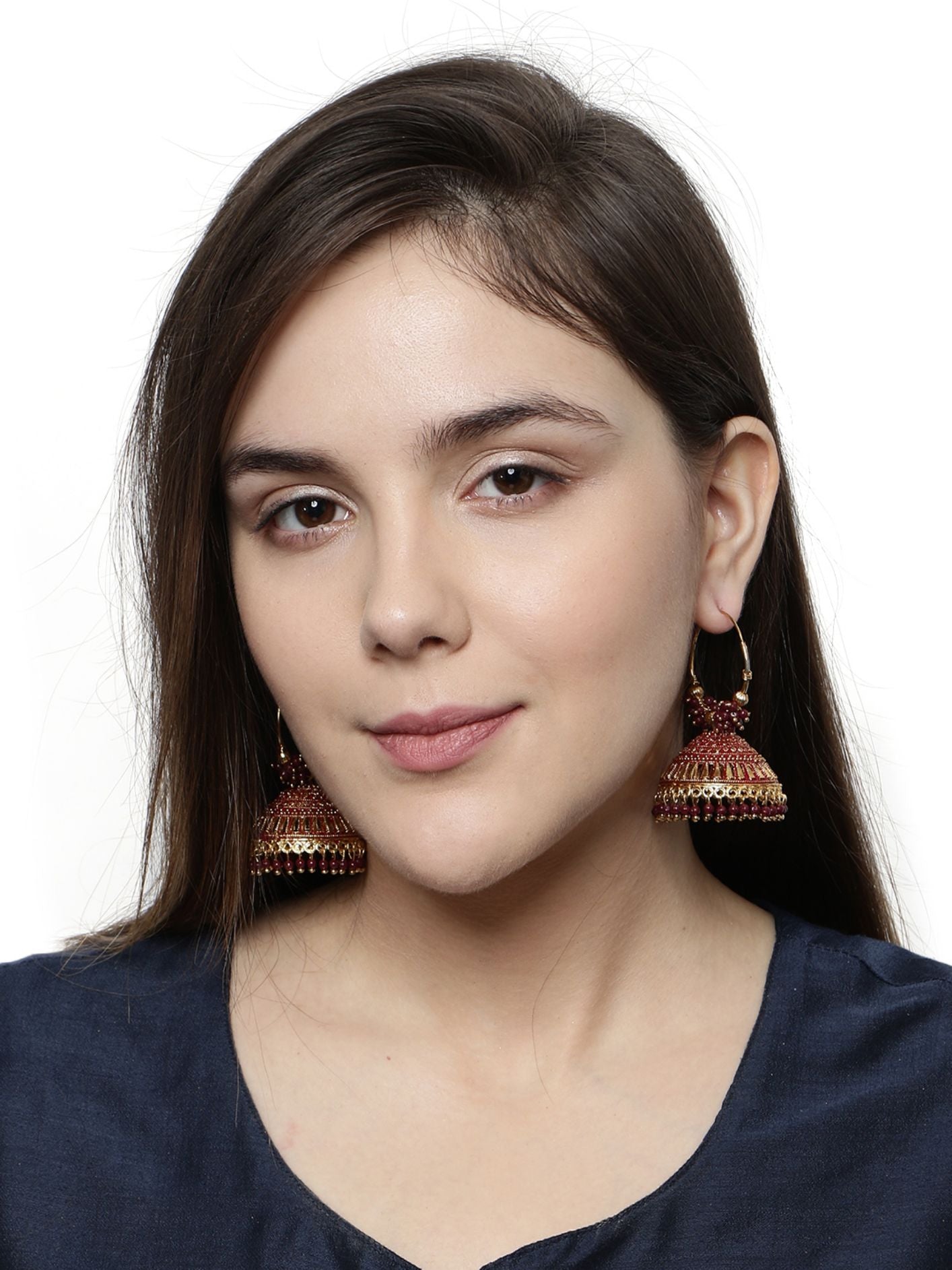Women's Maroon & Gold-Plated Enamelled Dome Shaped Jhumkas