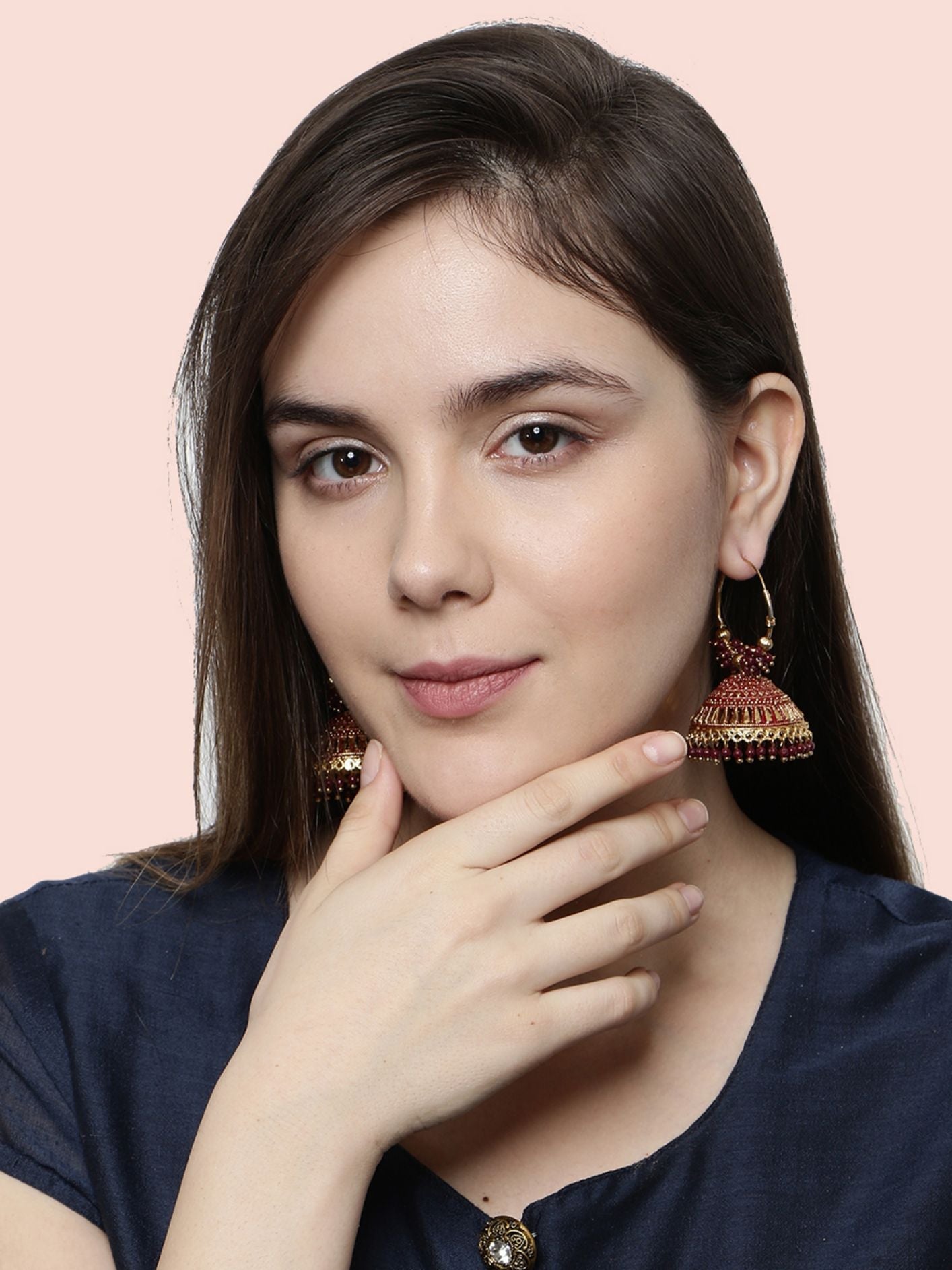 Women's Maroon & Gold-Plated Enamelled Dome Shaped Jhumkas
