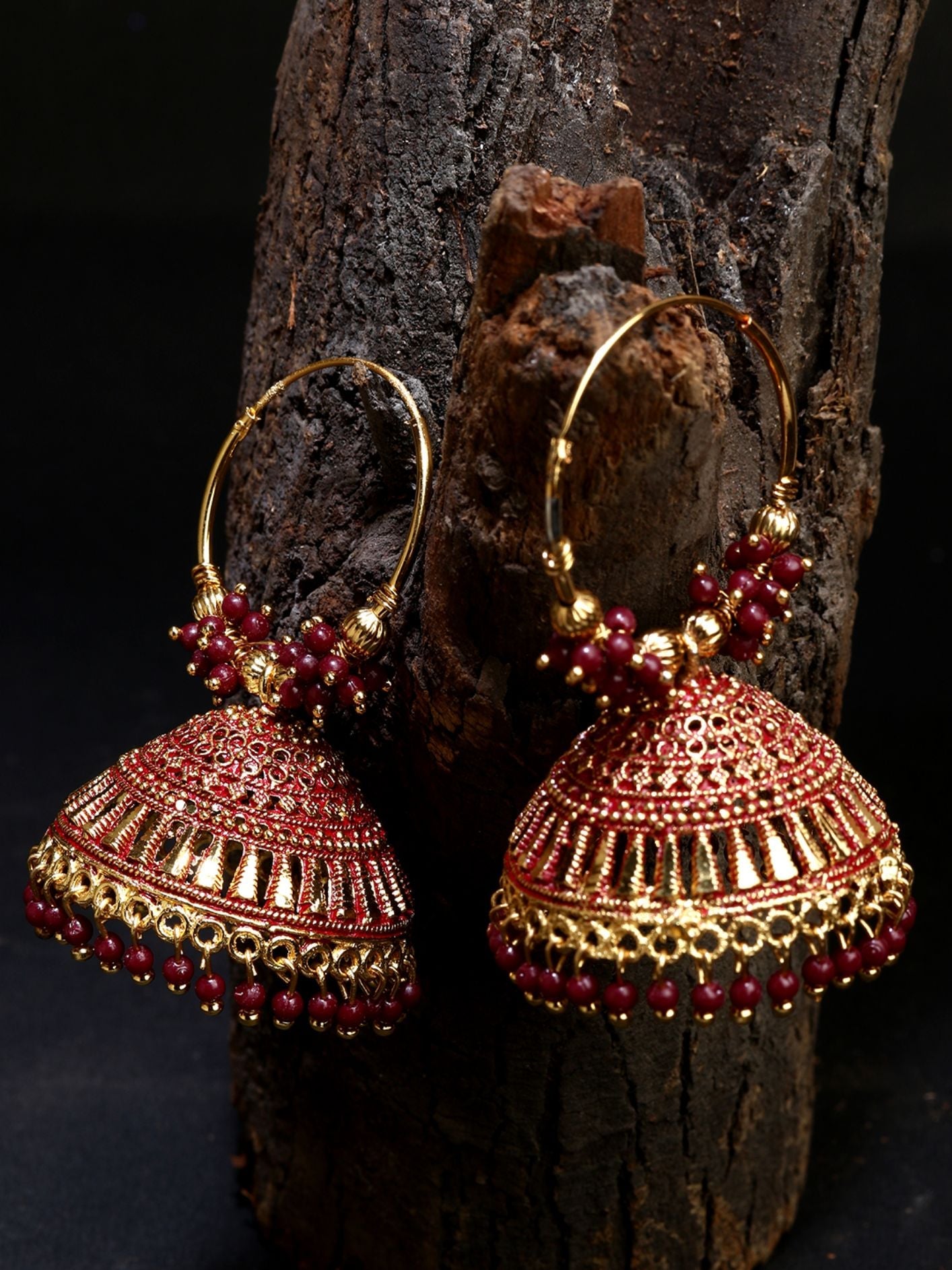 Women's Maroon & Gold-Plated Enamelled Dome Shaped Jhumkas