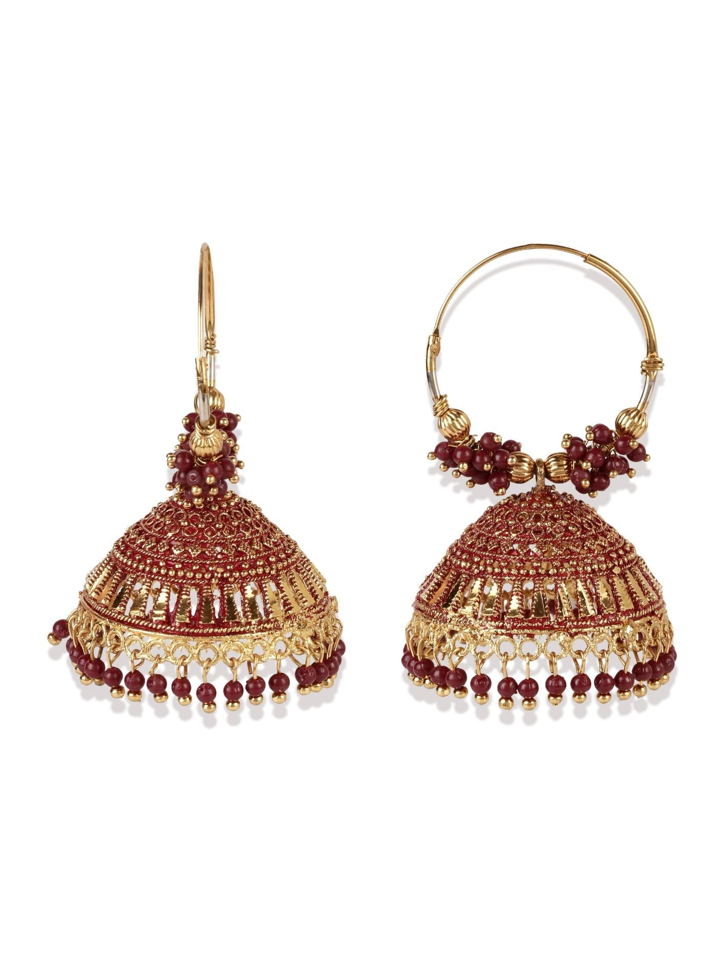Women's Maroon & Gold-Plated Enamelled Dome Shaped Jhumkas