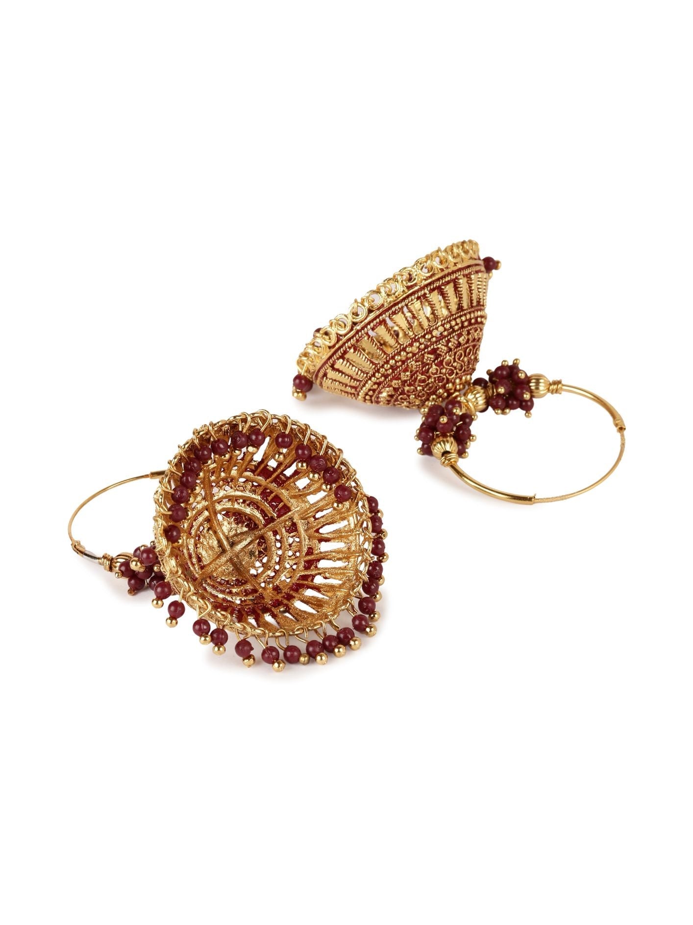 Women's Maroon & Gold-Plated Enamelled Dome Shaped Jhumkas