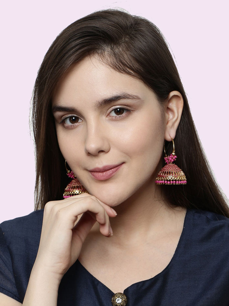 Women's Pink & Gold-Plated Enamelled Dome Shaped Jhumkas