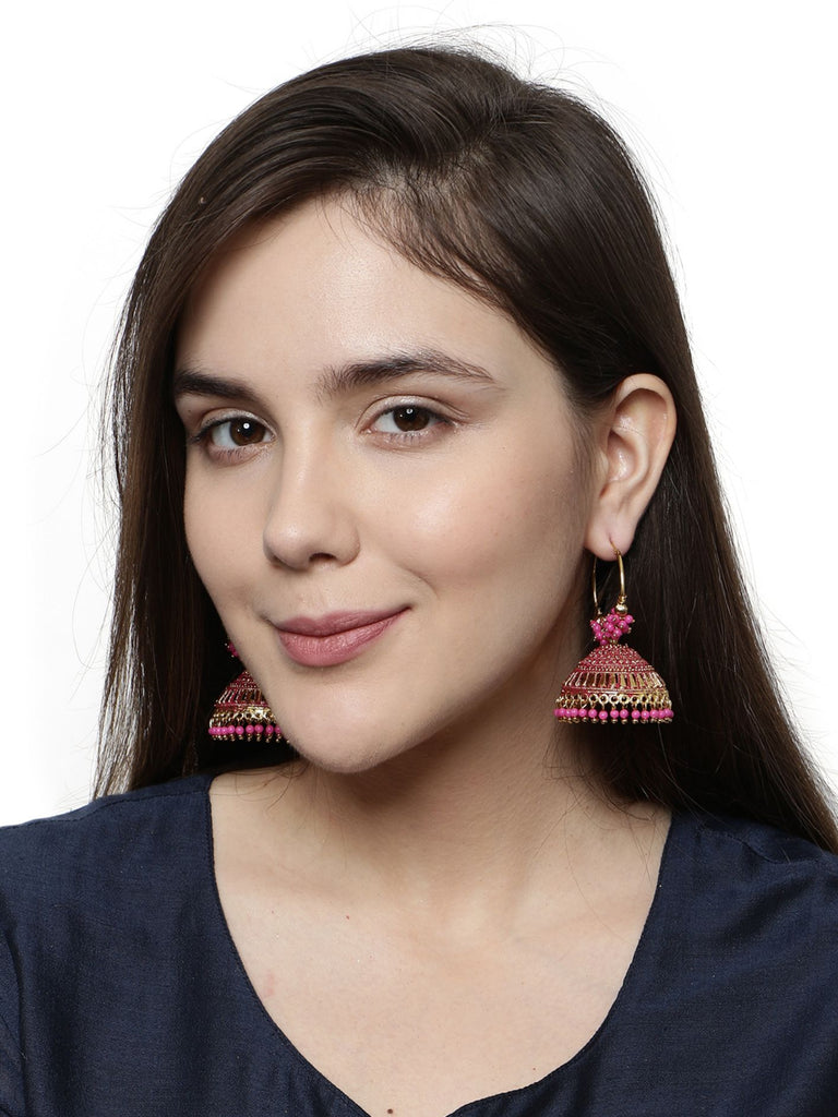 Women's Pink & Gold-Plated Enamelled Dome Shaped Jhumkas