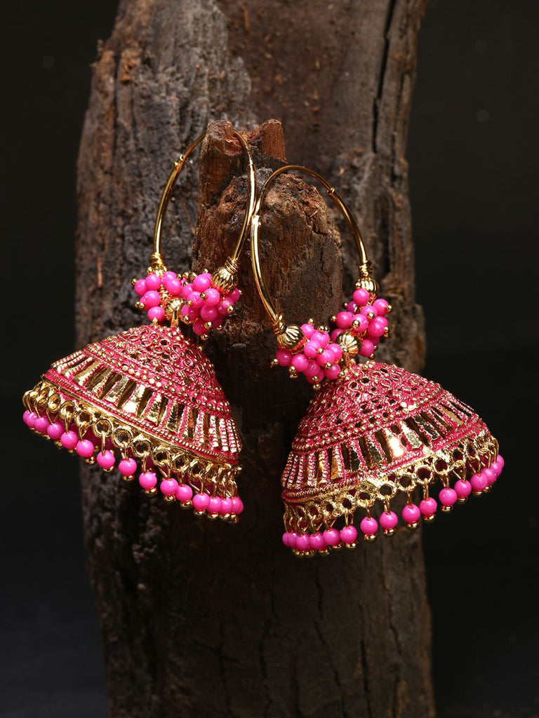 Women's Pink & Gold-Plated Enamelled Dome Shaped Jhumkas