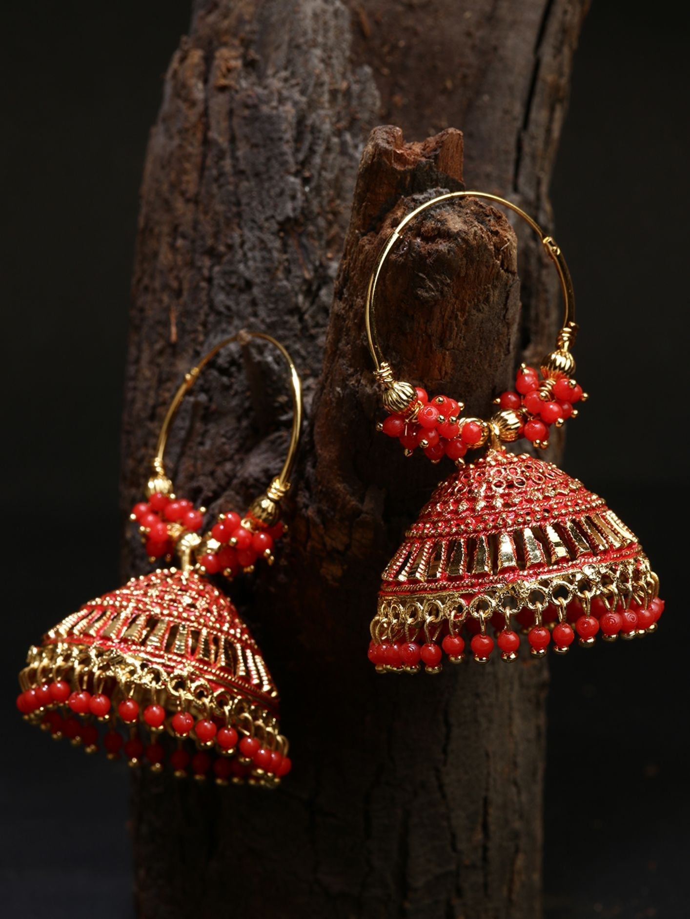 Women's Red & Gold-Plated Enamelled Dome Shaped Jhumkas