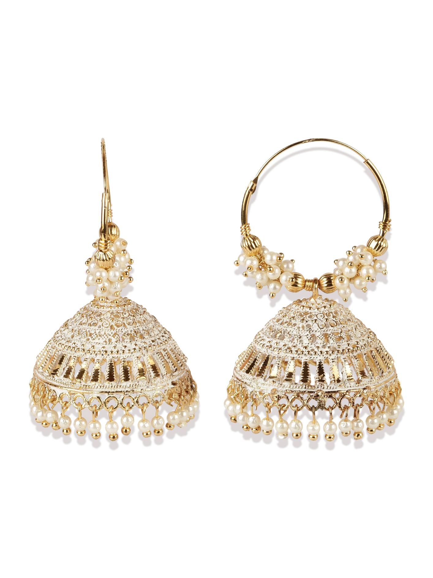 Women's White & Gold-Plated Enamelled Dome Shaped Jhumkas - Anikas Creation