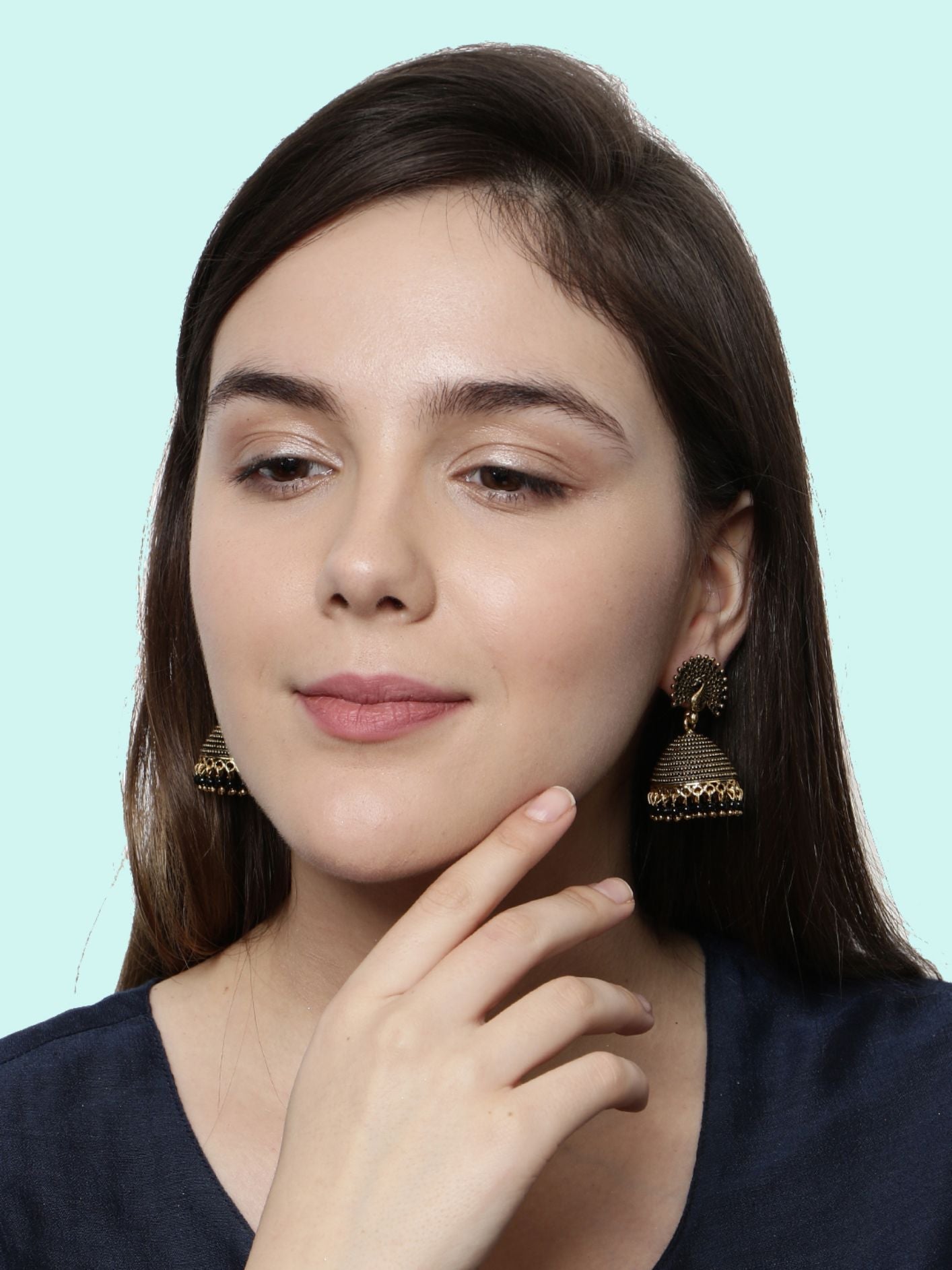 Women's Gold Plated & Black Enamelled Peacock Shaped Jhumkas