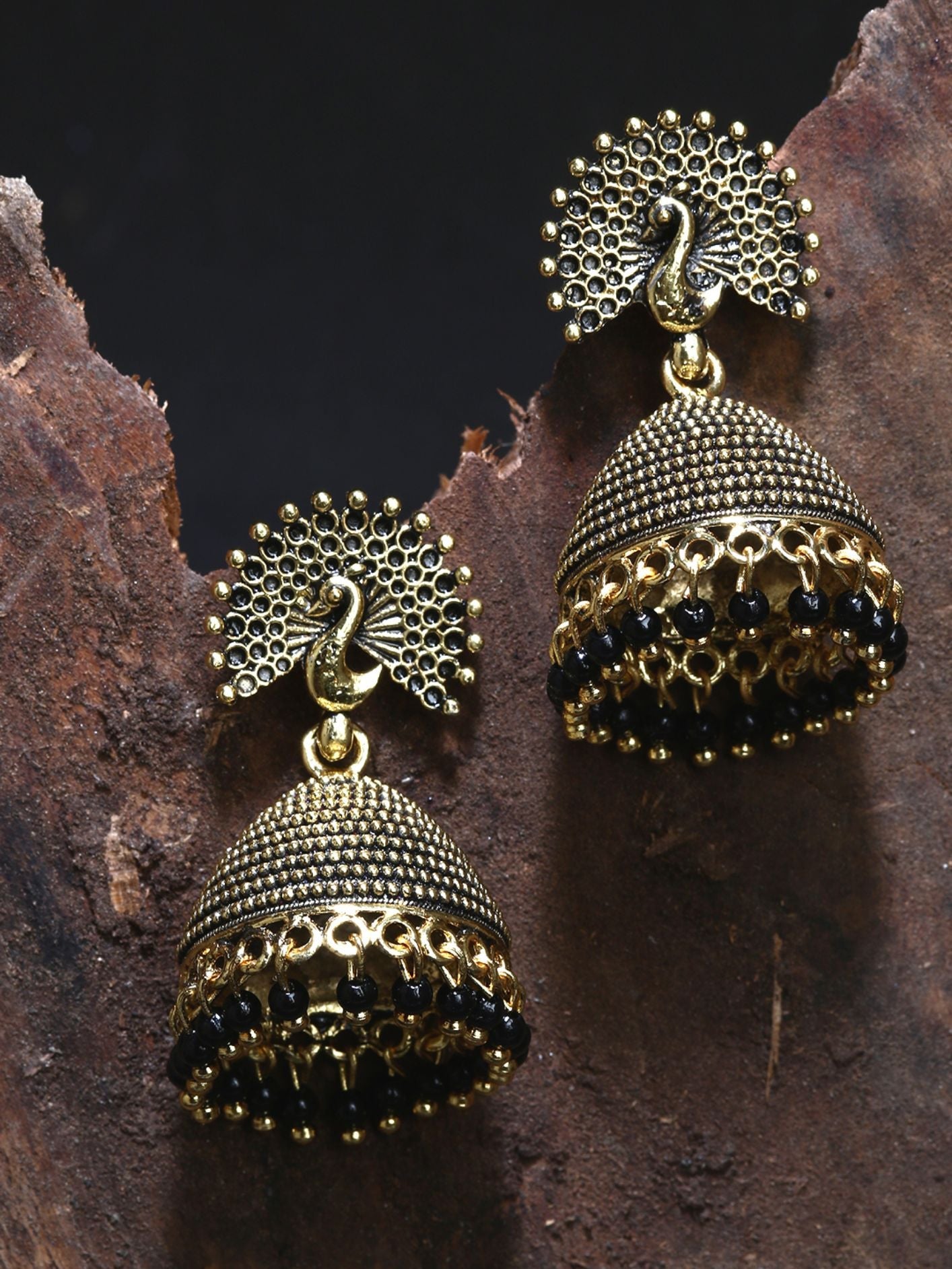 Women's Gold Plated & Black Enamelled Peacock Shaped Jhumkas