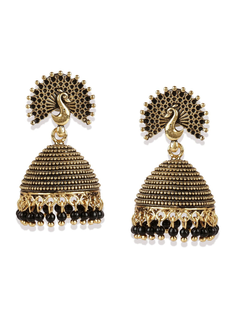 Women's Gold Plated & Black Enamelled Peacock Shaped Jhumkas