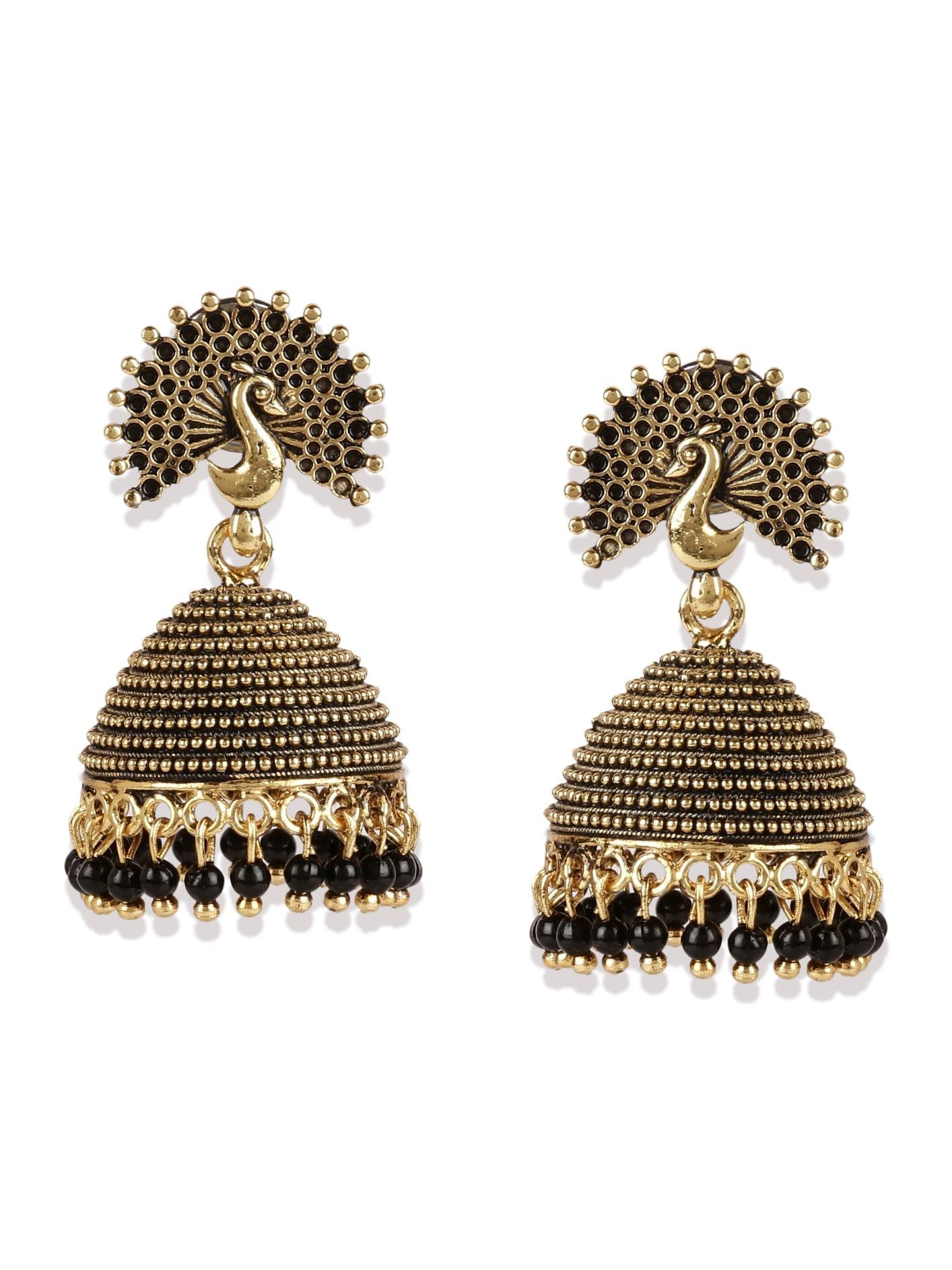 Women's Gold Plated & Black Enamelled Peacock Shaped Jhumkas