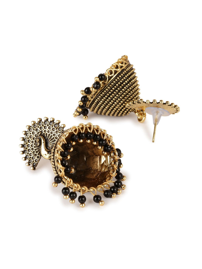 Women's Gold Plated & Black Enamelled Peacock Shaped Jhumkas