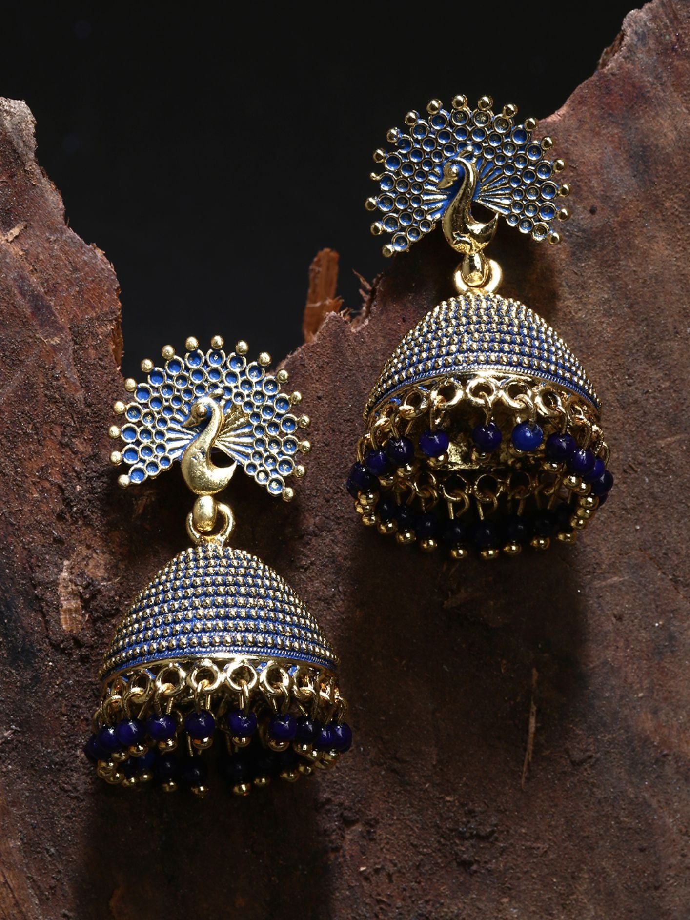 Women's Gold Plated & Blue Enamelled Peacock Shaped Jhumkas