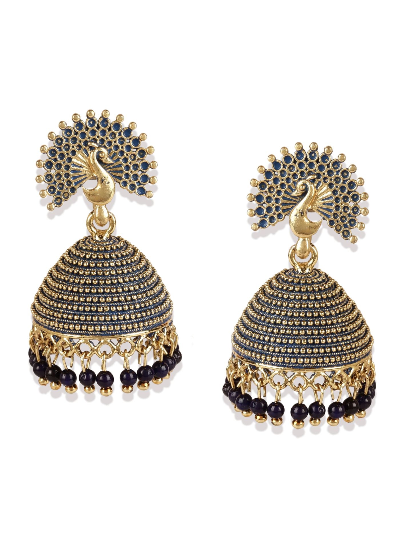 Women's Gold Plated & Blue Enamelled Peacock Shaped Jhumkas - Anikas Creation