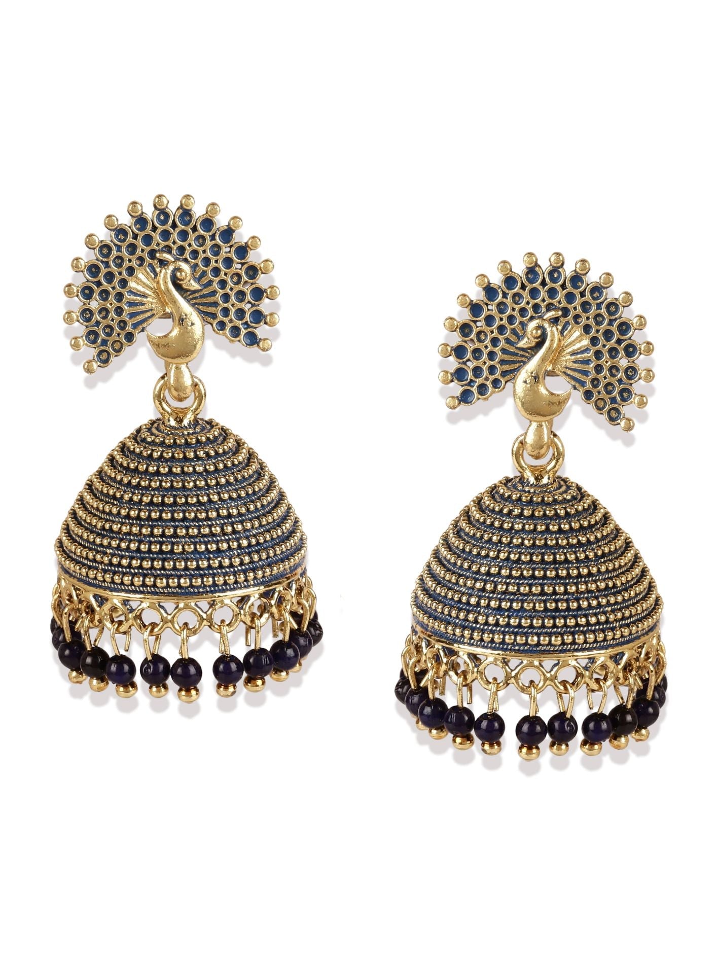 Women's Gold Plated & Blue Enamelled Peacock Shaped Jhumkas