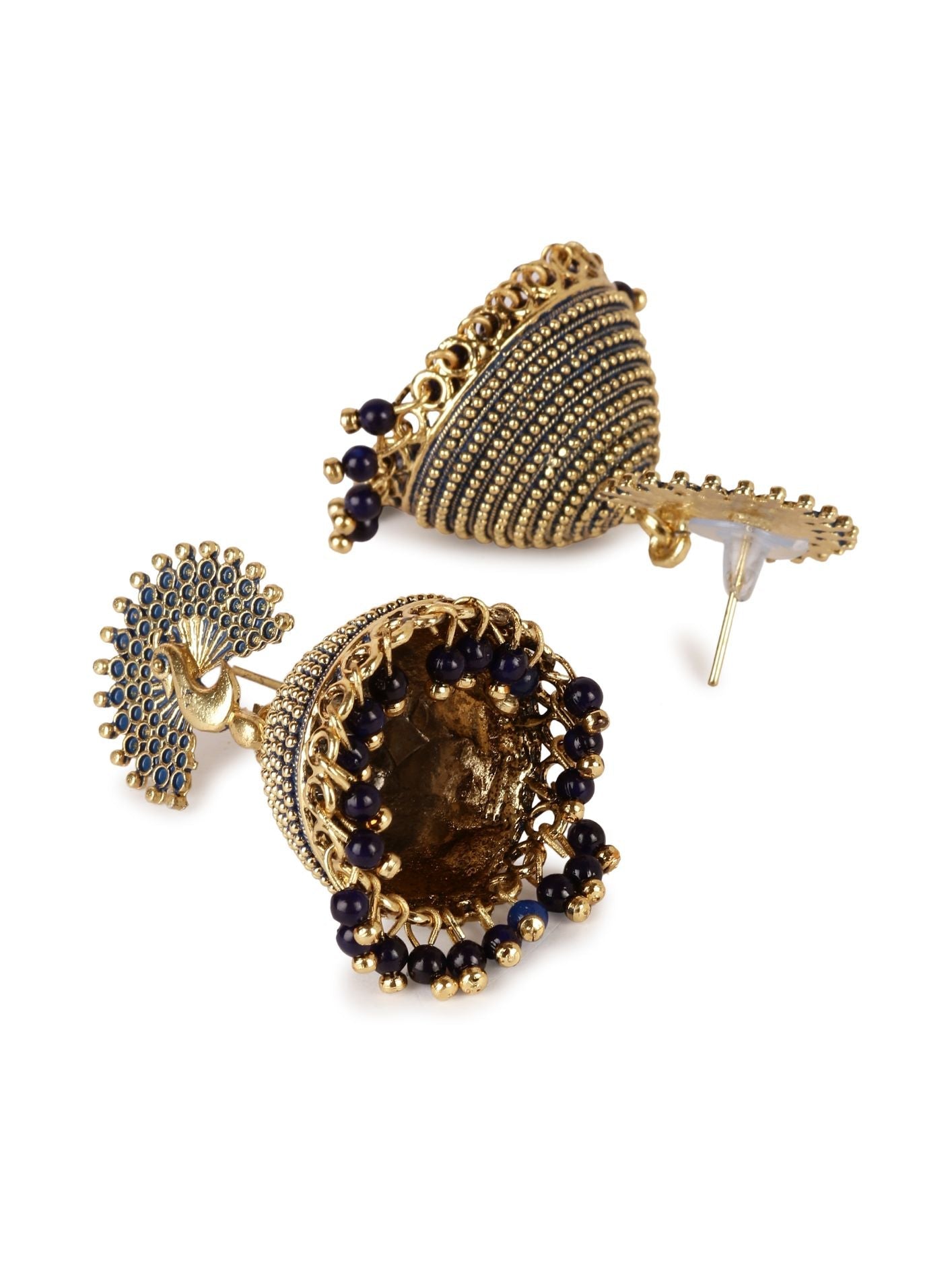 Women's Gold Plated & Blue Enamelled Peacock Shaped Jhumkas